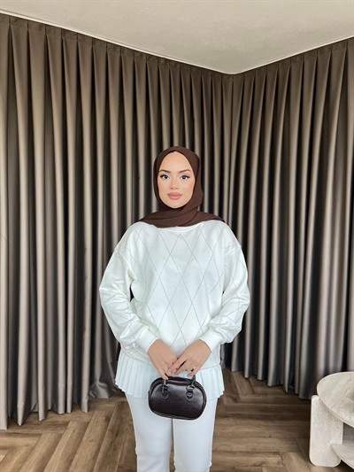 Baklava Desenli Taşlı Sweat - Beyaz