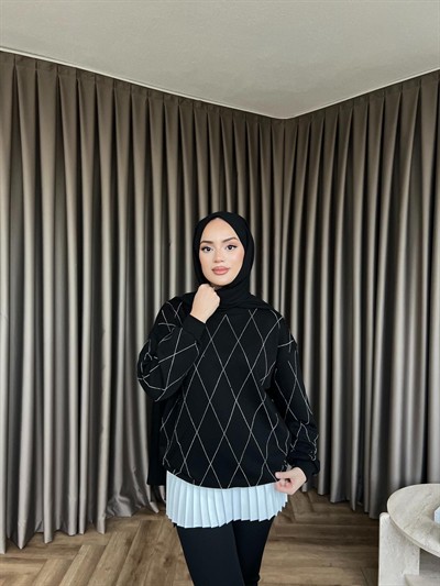 Baklava Desenli Taşlı Sweat - Siyah