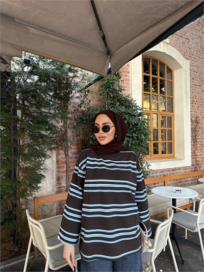 Bella Çizgili Sweat - Kahve Mavi   (ÖN SİPARİŞ)