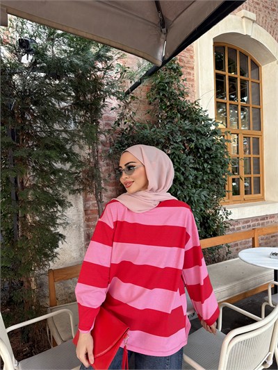 Bella Çizgili Sweat - Kırmızı Pembe(ÖN SİPARİŞ)