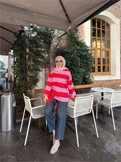 Bella Çizgili Sweat - Kırmızı Pembe(ÖN SİPARİŞ)