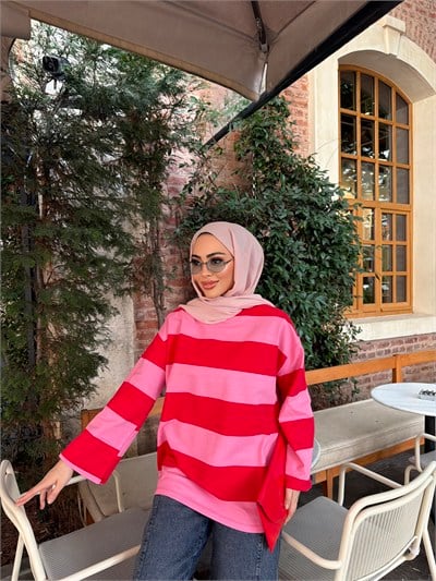 Bella Çizgili Sweat - Kırmızı Pembe(ÖN SİPARİŞ)