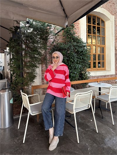 Bella Çizgili Sweat - Kırmızı Pembe(ÖN SİPARİŞ)