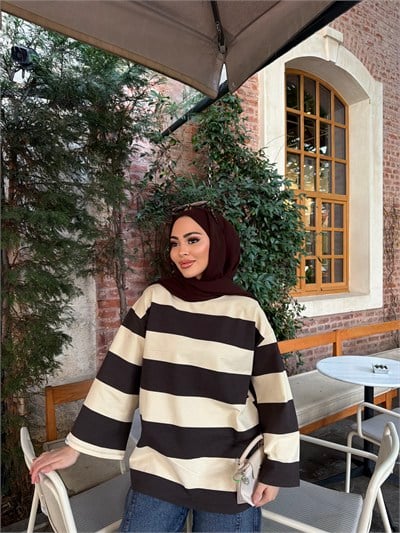 Bella Çizgili Sweat - Vizon (ÖN SİPARİŞ)