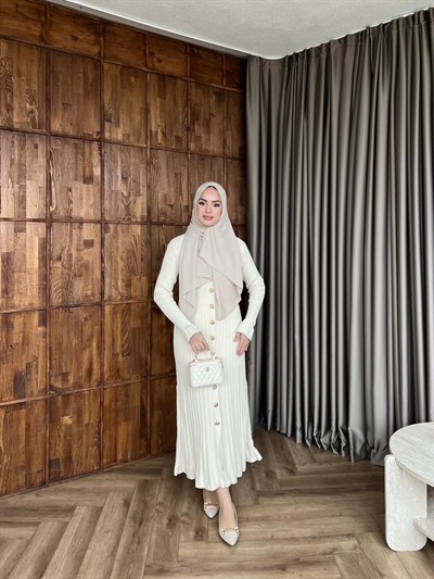 Çelik Düğme Detay Triko Elbise - Ekru