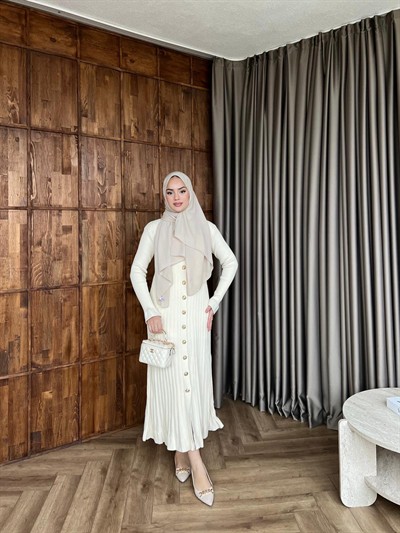 Çelik Düğme Detay Triko Elbise - Ekru