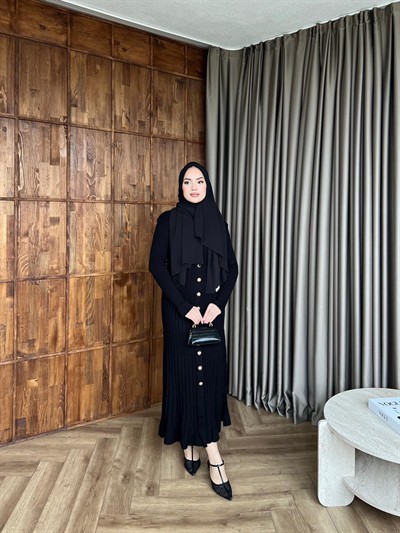 Çelik Düğme Detay Triko Elbise - Siyah