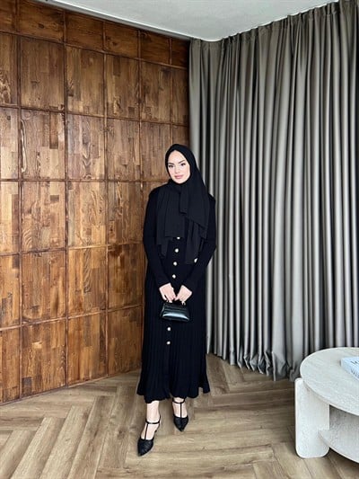 Çelik Düğme Detay Triko Elbise - Siyah