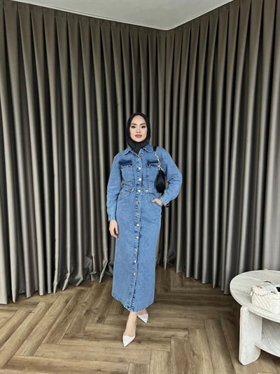 Çiçek Düğmeli Kot Elbise - Açık Mavi