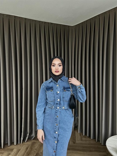 Çiçek Düğmeli Kot Elbise - Açık Mavi