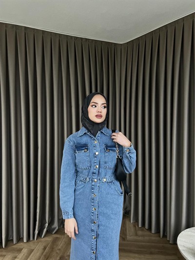 Çiçek Düğmeli Kot Elbise - Açık Mavi