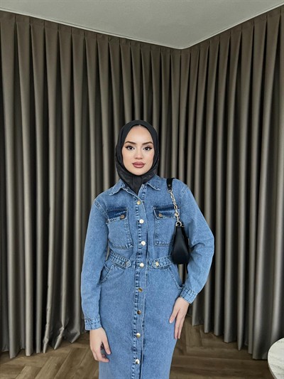 Çiçek Düğmeli Kot Elbise - Açık Mavi