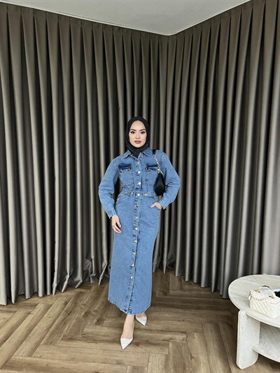 Çiçek Düğmeli Kot Elbise - Açık Mavi