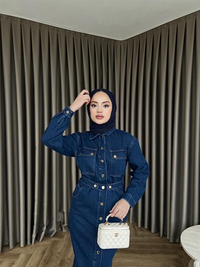 Çiçek Düğmeli Kot Elbise - Koyu Mavi