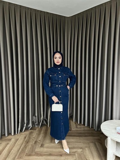 Çiçek Düğmeli Kot Elbise - Koyu Mavi