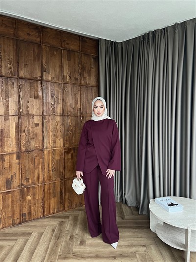 Çift Ön Detaylı Kemerli Takım- Bordo 