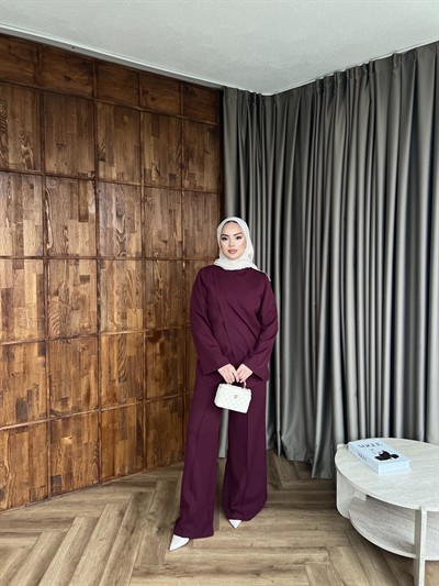 Çift Ön Detaylı Kemerli Takım- Bordo 