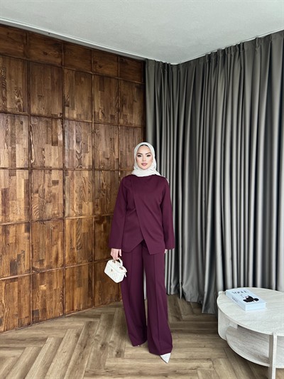 Çift Ön Detaylı Kemerli Takım- Bordo 