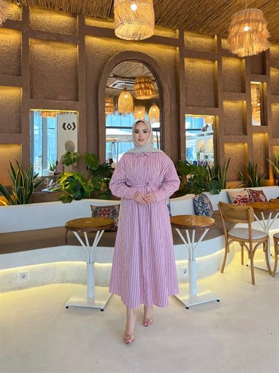 Çisem Çizgi Detay Elbise - Pembe