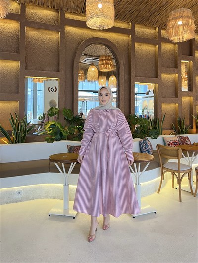 Çisem Çizgi Detay Elbise - Pembe