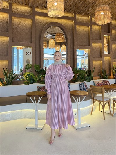 Çisem Çizgi Detay Elbise - Pembe