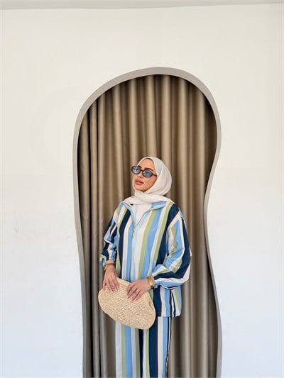 Çizgili Fermuarlı Takım - Mavi -Yeşil(ÖNSİPARİŞ)