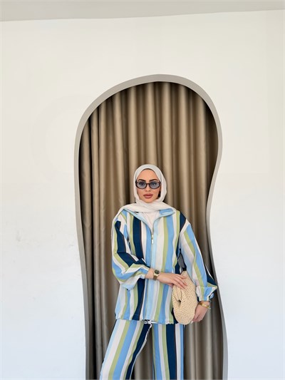 Çizgili Fermuarlı Takım - Mavi -Yeşil(ÖNSİPARİŞ)