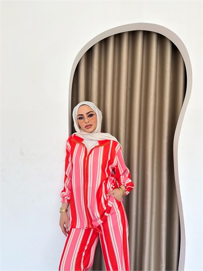 Çizgili Fermuarlı Takım - Oranj