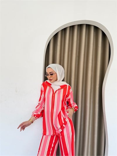 Çizgili Fermuarlı Takım - Oranj