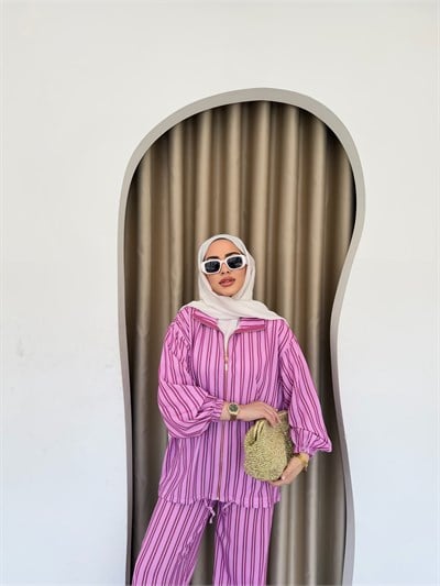 Çizgili Fermuarlı Takım - Pembe