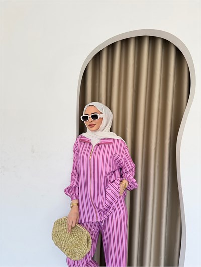 Çizgili Fermuarlı Takım - Pembe