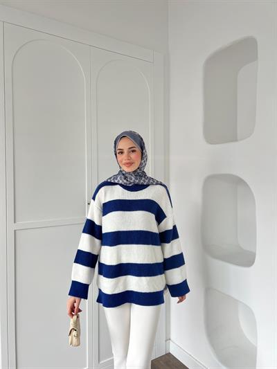 Çizgili Kazak - Mavi