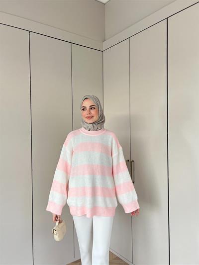 Çizgili Kazak - Pembe