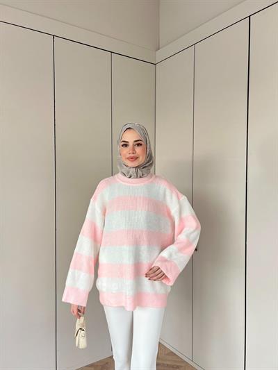 Çizgili Kazak - Pembe