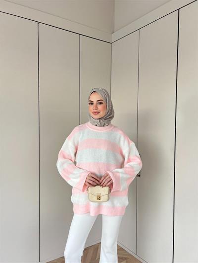 Çizgili Kazak - Pembe