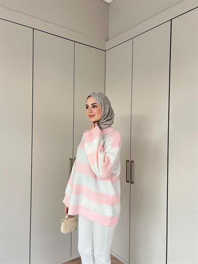 Çizgili Kazak - Pembe