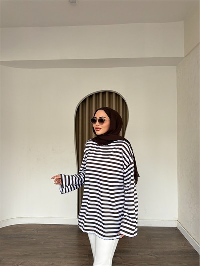 Çizgili Sweat - Kahve