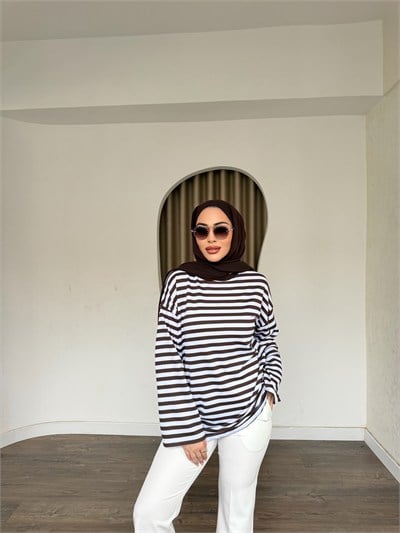 Çizgili Sweat - Kahve