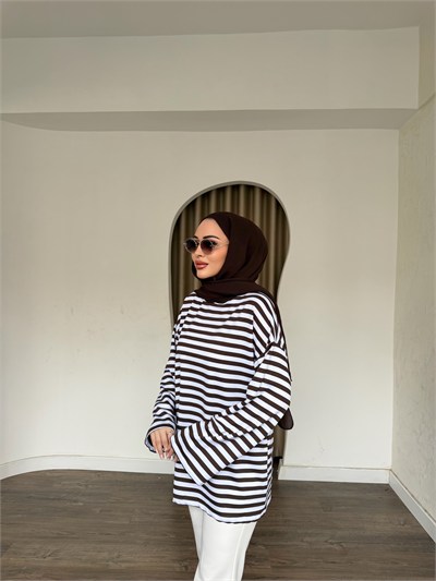 Çizgili Sweat - Kahve
