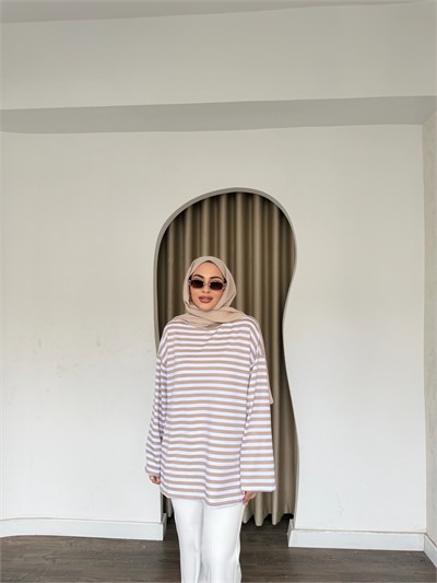 Çizgili Sweat - Vizon
