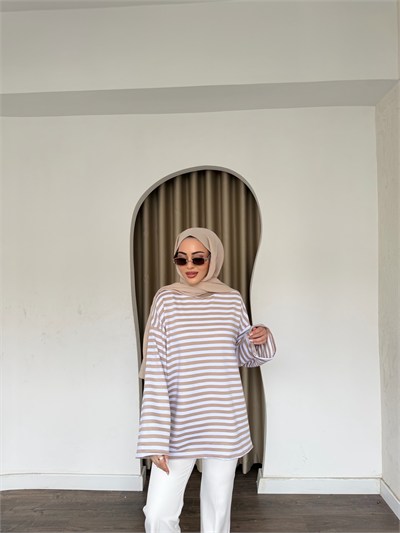Çizgili Sweat - Vizon