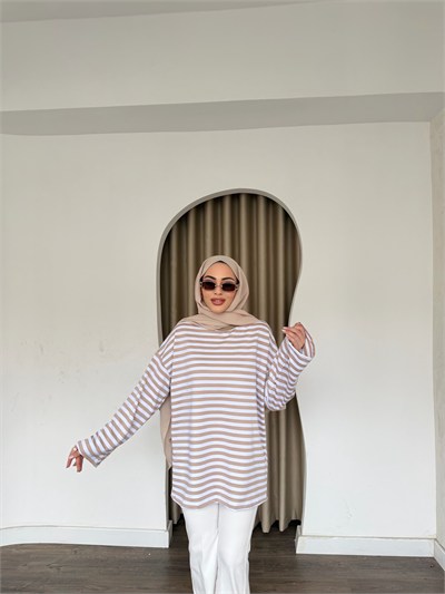 Çizgili Sweat - Vizon
