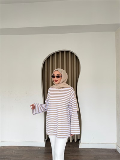 Çizgili Sweat - Vizon
