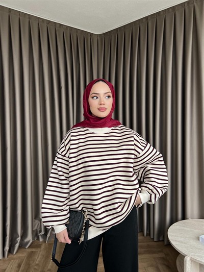 Çizgili Zey Sweat - Bordo