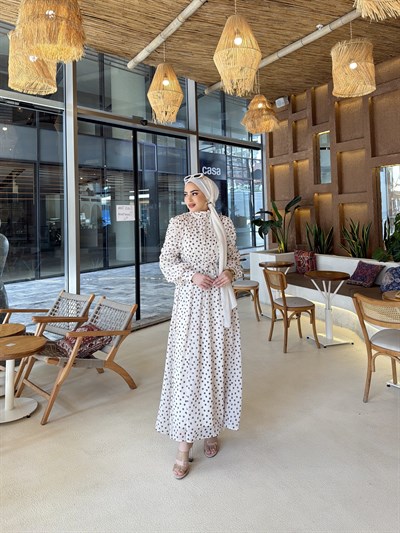 Derli Puantiye Elbise - Beyaz