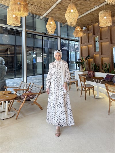 Derli Puantiye Elbise - Beyaz