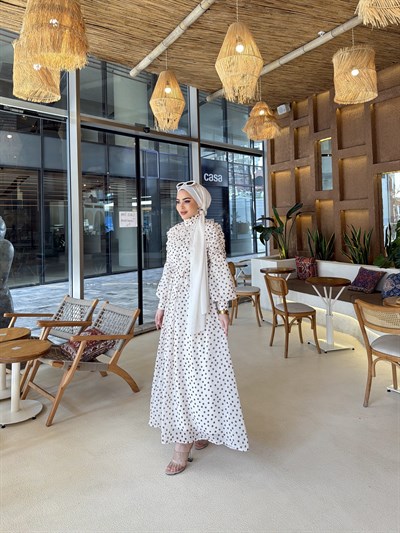 Derli Puantiye Elbise - Beyaz