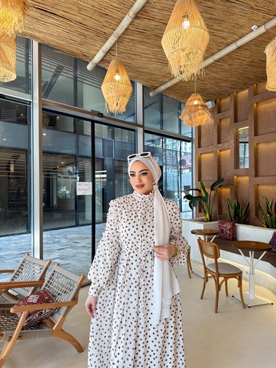 Derli Puantiye Elbise - Beyaz