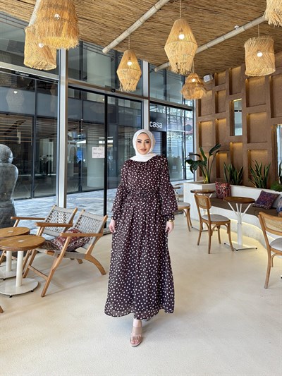 Derli Puantiye Elbise - Kahve