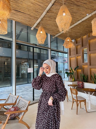 Derli Puantiye Elbise - Kahve